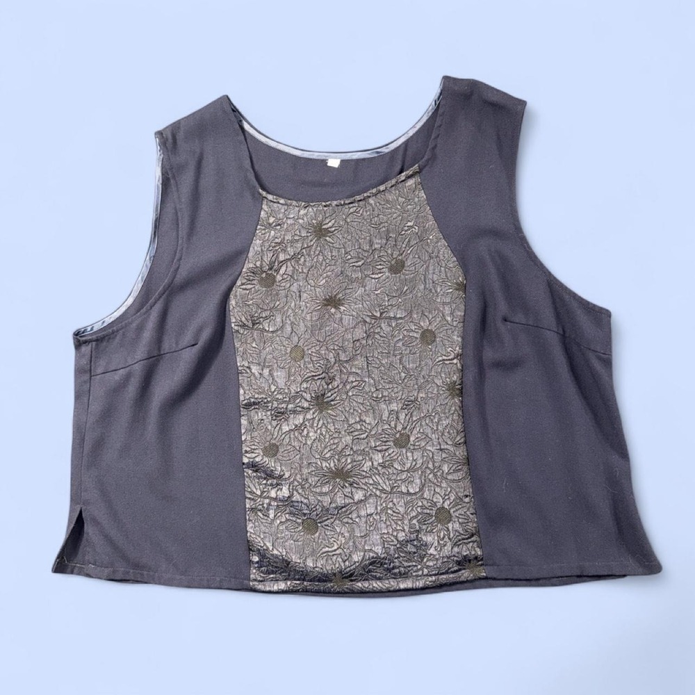 Vintage Navy Floral Brocade Sleeveless Blouse | Women's Size 22 - Picture 3 of 5